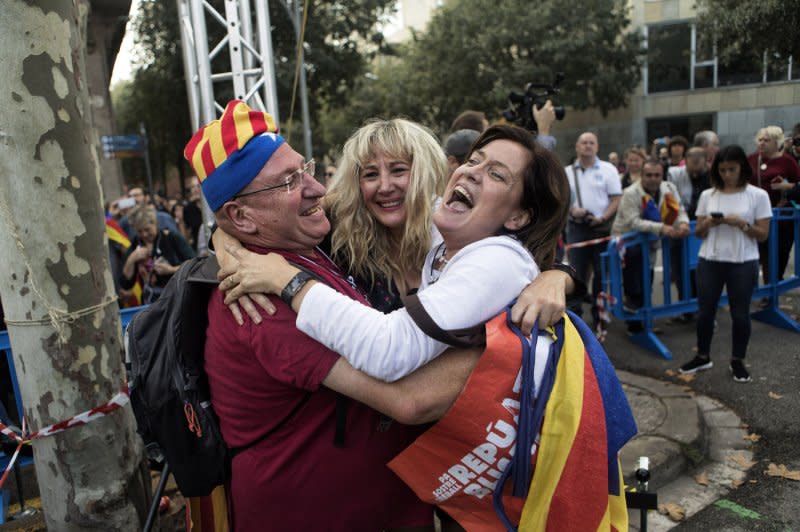 People celebrate the proclamation of a Catalan republic at the Sant Jaume Square in Barcelona in Spain on October 27, 2017. File Photo by Xavi Herrero/UPI