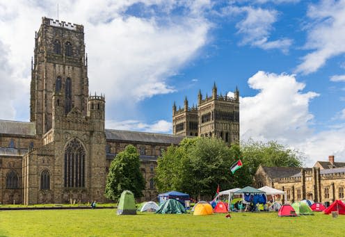 <span class="caption">A student encampment in Durham.</span> <span class="attribution"><a class="link " href="https://www.shutterstock.com/image-photo/durham-uk-may-27-2024-protesters-2472390897" rel="nofollow noopener" target="_blank" data-ylk="slk:Framalicious/Shutterstock;elm:context_link;itc:0;sec:content-canvas">Framalicious/Shutterstock</a></span>