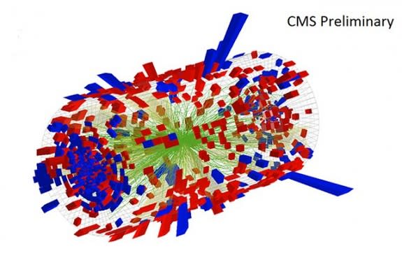 Inside the Large Hadron Collider, protons slammed into lead nuclei (shown here in a 3D view), producing teeny, tiny droplets of liquid, along with other subatomic particles. (Green lines represent the trajectories of subatomic particles produce