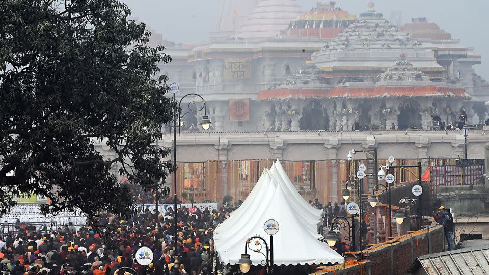 Devotees wait to enter the Ram temple on the first day after its inauguration in Ayodhya, Uttar Pradesh, India, on Tuesday, January 23, 2024. - Prakash Singh/Bloomberg/Getty Images