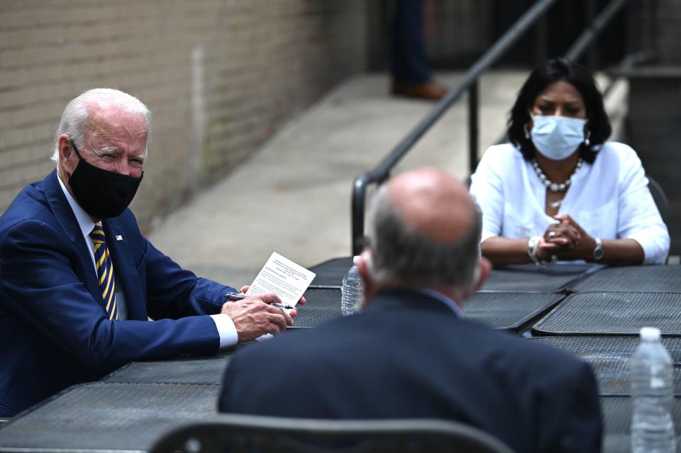 Democratic presidential candidate Joe Biden speaks about reopening the economy during a round table discussion at Carlettes Backyard Bar & Soul food Restaurant in Yeadon, Pennsylvania on June 17, 2020. (Photo by JIM WATSON / AFP) (Photo by JIM WATSON/AFP via Getty Images)