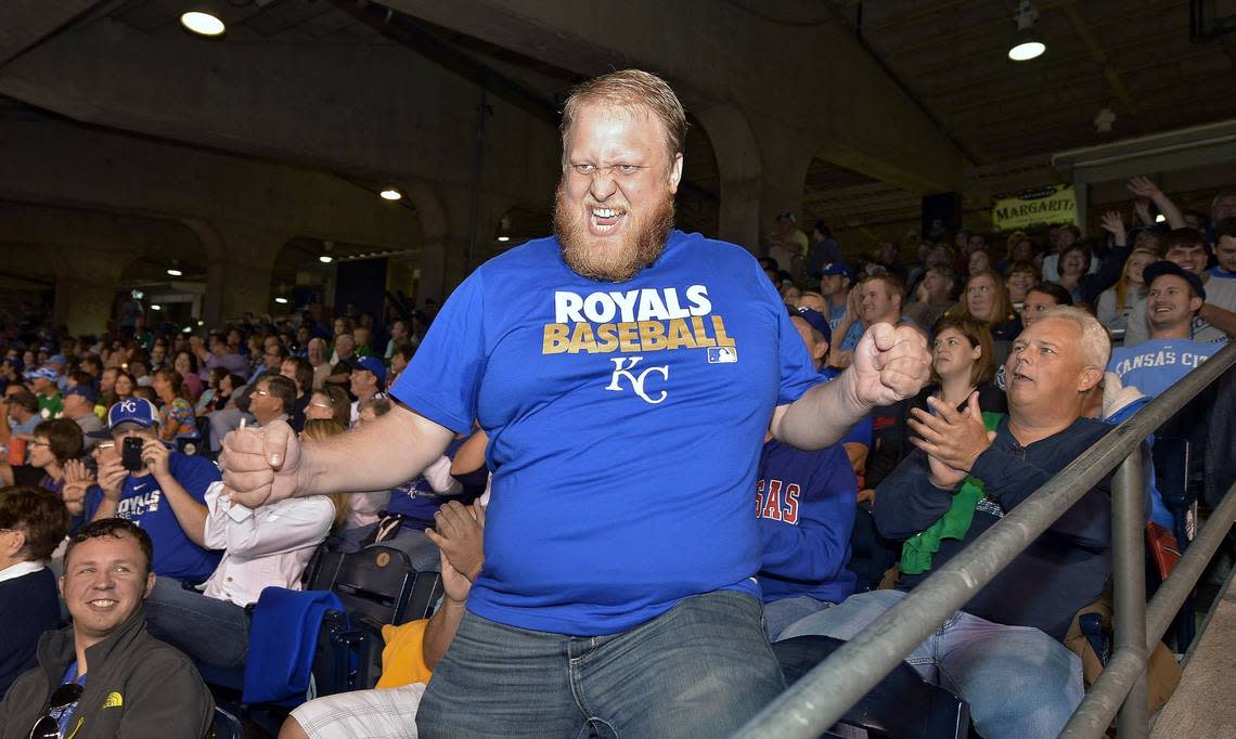 At Kansas City Royals games, Jimmy Faseler was known for his “Bringing the Thunder” dance at Kauffman Stadium. Here he is in September 2013, leading off the Crown Vision Dance Cam segment.