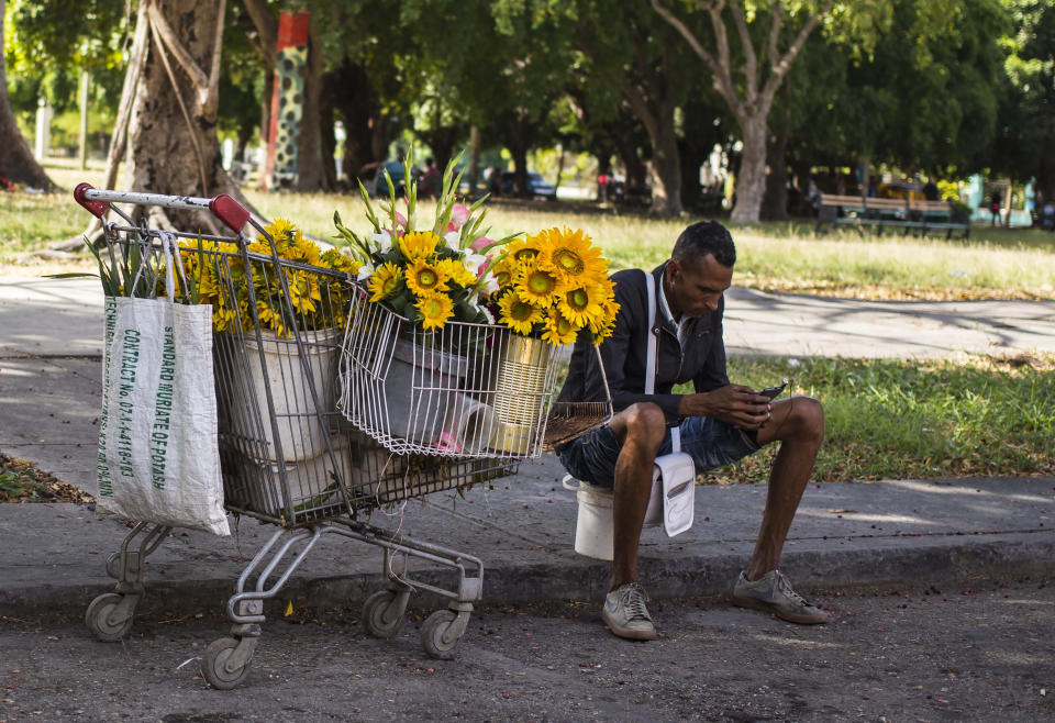 Un vendedor de flores se toma un descanso para navegar en internet con su teléfono móvil en La Habana, Cuba, el 6 de diciembre de 2018. (AP Foto/Desmond Boylan)