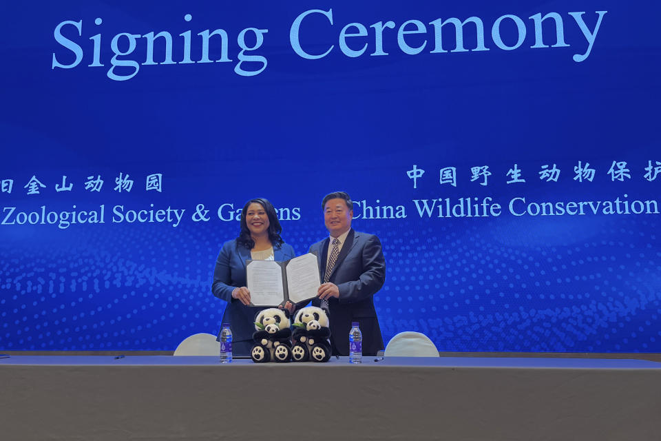 London Breed, left, Mayor of San Francisco, and Wu Minglu, Secretary General of China Wildlife Conservation Association (CWCA) hold up an agreement to lease giant pandas for the San Francisco Zoological Society and Gardens during a signing ceremony in Beijing, Friday, April 19, 2024. (AP Photo/Liu Zheng)