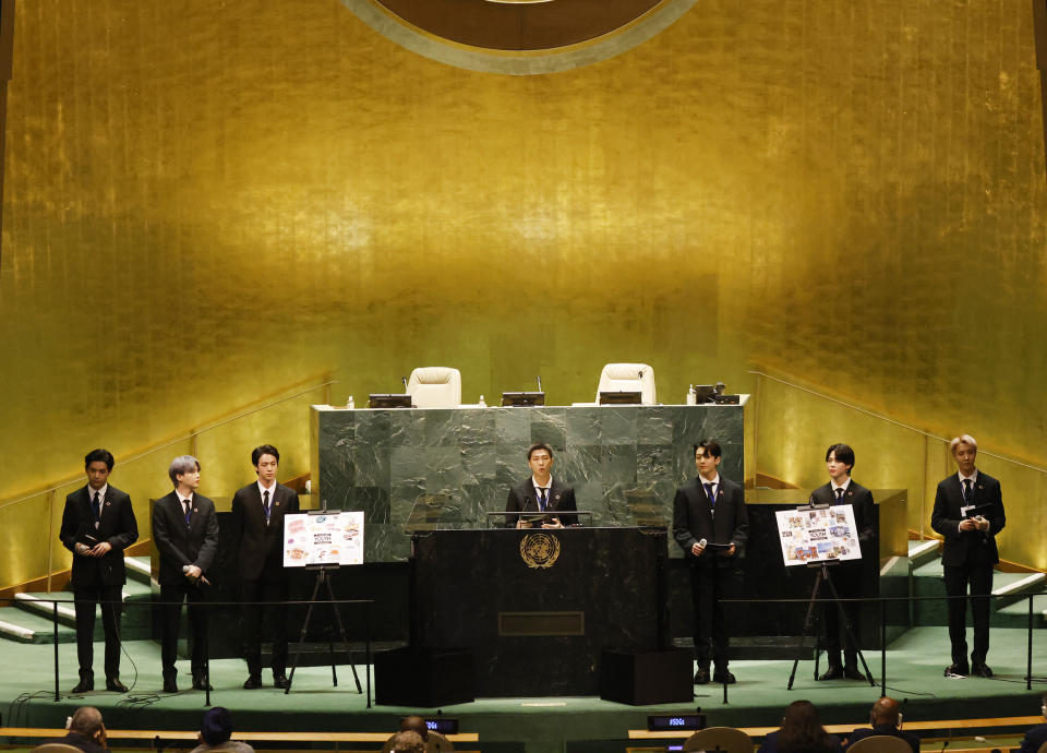 ADDS IDS - Members of South Korean K-pop band BTS, from left, V, Suga, Jin, RM, Jung Kook, Jimin and J-Hope appear at the United Nations meeting on Sustainable Development Goals during the 76th session of the U.N. General Assembly at U.N. headquarters on Monday, Sept. 20, 2021. (John Angelillo/Pool Photo via AP)