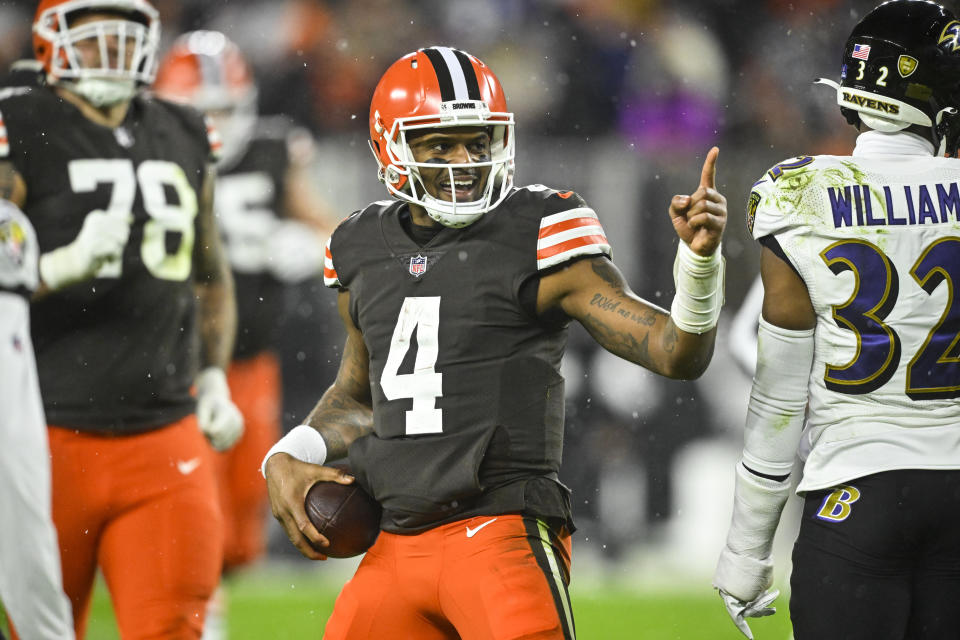 Cleveland Browns quarterback Deshaun Watson reacts during the second half of an NFL football game against the Baltimore Ravens, Saturday, Dec. 17, 2022, in Cleveland. (AP Photo/David Richard)