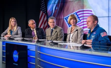 NASA Public Affairs Officer Stephanie Schierholz, NASA Administrator Charles Bolden, former astronaut Bob Cabana, director of NASA's Kennedy Space Center, Kathy Lueders, program manager of NASA's Commercial Crew Program, and Astronaut Mike Fincke, a former commander of the International Space Station (L-R) attend a news conference at NASA's Kennedy Space Center in Cape Canaveral, Florida, September 16, 2014. REUTERS/NASA/Bill Ingalls