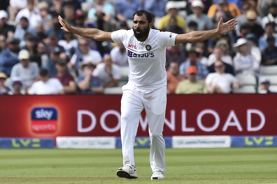 India's Mohammed Shami appeals unsuccessfully for the wicket of England's Joe Root during the fourth day of the fifth cricket test match between England and India at Edgbaston in Birmingham, England, Monday, July 4, 2022. (AP Photo/Rui Vieira)