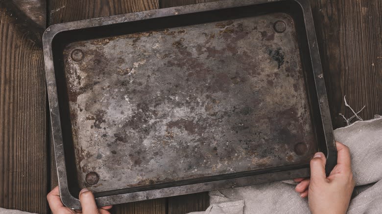 Baking sheet with dark patina