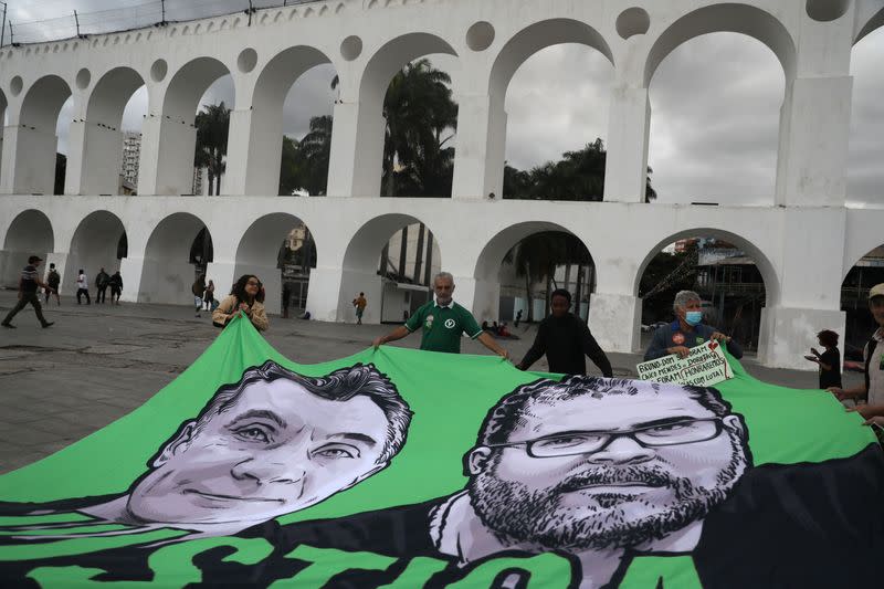 Demonstrators during a protest in honour of British journalist Dom Phillips and Brazilian Indigenous affairs specialist Bruno Pereira in Rio de Janeiro