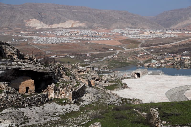 Ruins of the old town are pictured with new Hasankeyf in the background in southeastern Batman province