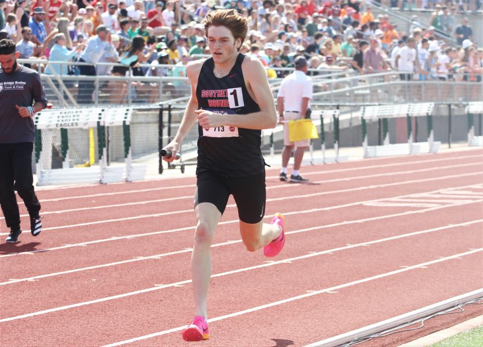 Southern Boone's Connor Burns runs through the home stretch of the 4x800-meter race during the second day of the MSHSAA state track and field championship meet on May 27, 2023, in Jefferson City, Mo.