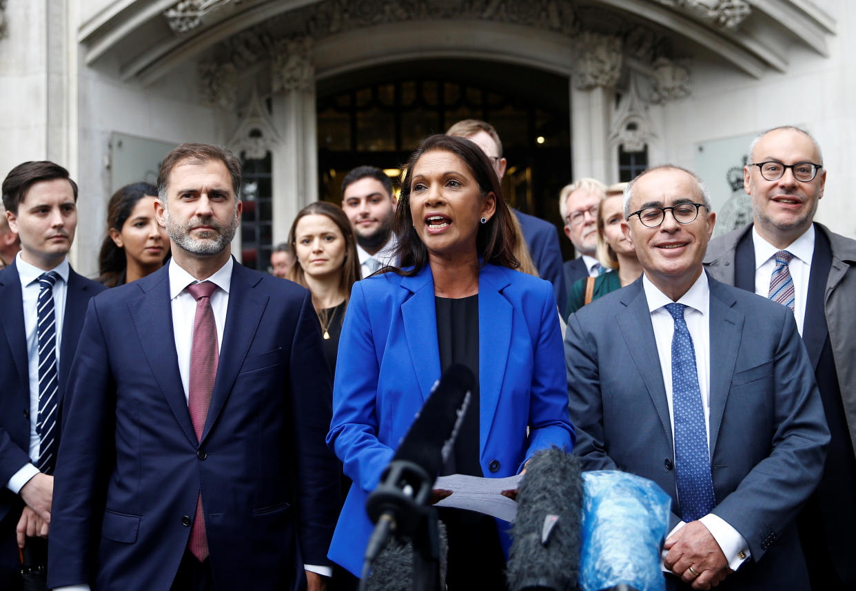 Campaigner Gina Miller talks to the media after the Supreme Court of the United Kingdom hearing on British Prime Minister Boris Johnson's decision to prorogue parliament ahead of Brexit, in London, Britain September 24, 2019. REUTERS/Henry Nicholls