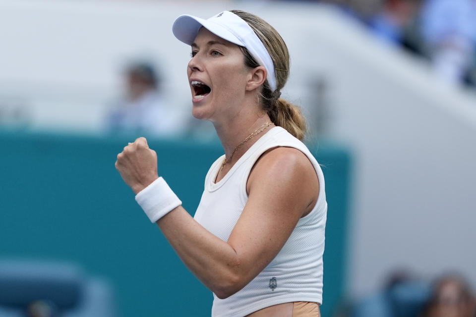 Danielle Collins reacts after winning a point against Elena Rybakina, of Kazakhstan, during the women's singles final of the Miami Open tennis tournament, Saturday, March 30, 2024, in Miami Gardens, Fla. (AP Photo/Lynne Sladky)