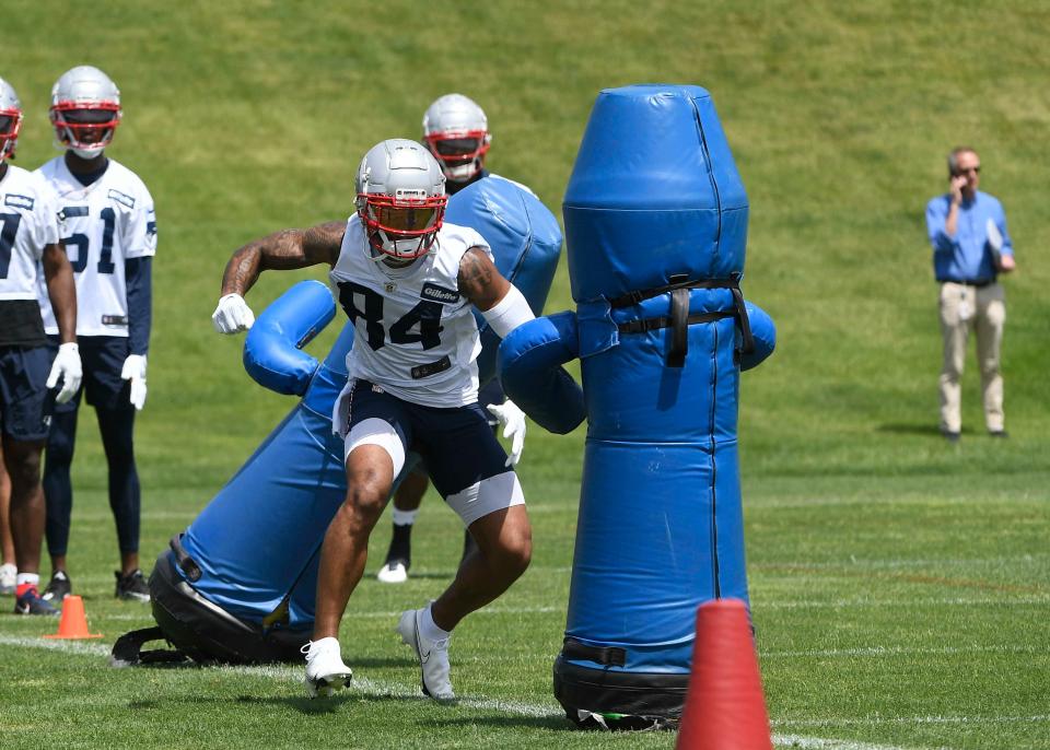 Patriots wide receiver Kendrick Bourne performs a drill on the first day of OTAs at Gillette Stadium on Monday. Regarding new coach Joe Judge, Bourne says learning his different terminology was the most difficult.