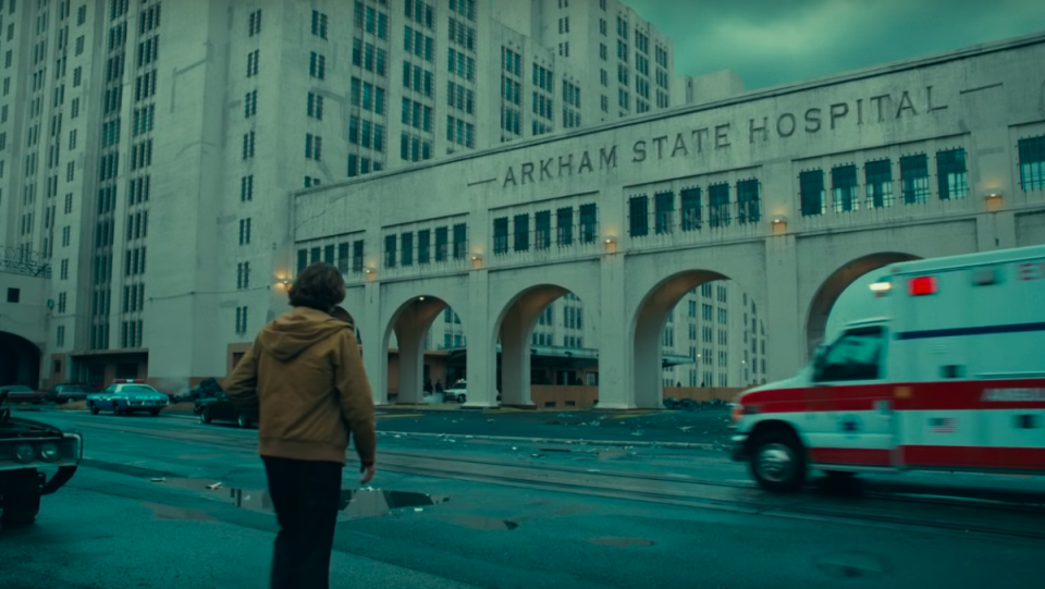 a still from the joker shows Arkham State Hospital