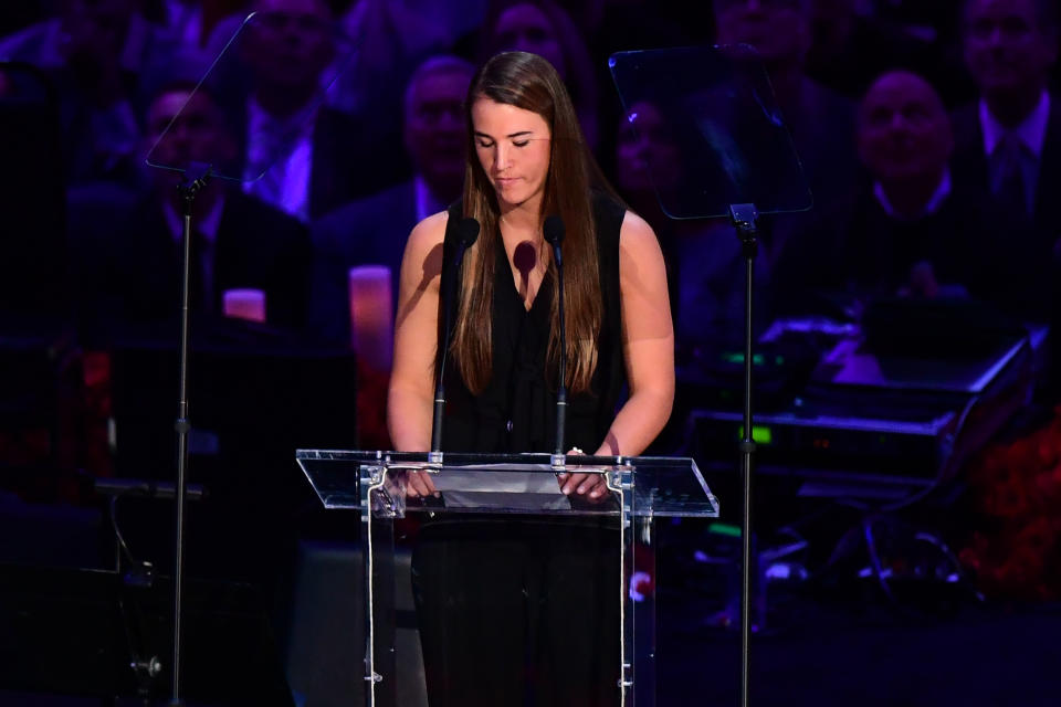 US college basketball player Sabrina Ionescu speaks during the "Celebration of Life for Kobe and Gianna Bryant" service at Staples Center in Downtown Los Angeles on February 24, 2020. - Kobe Bryant, 41, and 13-year-old Gianna were among nine people killed in a helicopter crash in the rugged hills west of Los Angeles on January 26. (Photo by Frederic J. BROWN / AFP) (Photo by FREDERIC J. BROWN/AFP via Getty Images)