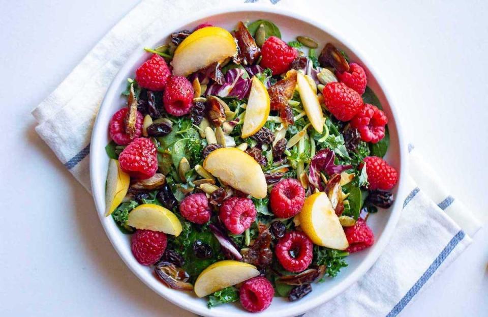 <p>Not only is this breakfast salad the perfect refreshing summer dish, but it’s also loaded with <a href="https://www.thedailymeal.com/healthy-eating/foods-gut-health?referrer=yahoo&category=beauty_food&include_utm=1&utm_medium=referral&utm_source=yahoo&utm_campaign=feed" rel="nofollow noopener" target="_blank" data-ylk="slk:foods that are great for your gut health;elm:context_link;itc:0;sec:content-canvas" class="link ">foods that are great for your gut health</a>, such as apples and raspberries. If you don’t want to turn on your oven for the cheese crisps, buying some from the grocery store is just fine.</p> <p><a href="https://www.thedailymeal.com/best-recipes/breakfast-salad?referrer=yahoo&category=beauty_food&include_utm=1&utm_medium=referral&utm_source=yahoo&utm_campaign=feed" rel="nofollow noopener" target="_blank" data-ylk="slk:For the Breakfast Salad recipe, click here;elm:context_link;itc:0;sec:content-canvas" class="link ">For the Breakfast Salad recipe, click here</a></p>