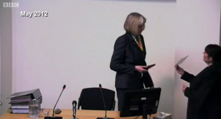 Theresa May is seen swearing on oath in the documentary (Picture: BBC)