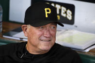 FILE - In this Sept. 17, 2019, file photo, Pittsburgh Pirates manager Clint Hurdle sits in the dugout before a baseball game against the Seattle Mariners in Pittsburgh. Hurdle never planned to be such an important voice to friends and acquaintances near and far amid a global pandemic. What used to be group text messages have turned into much more -- every morning, his Daily Encouragement emails go out to some 5,000 eager recipients.(AP Photo/Gene J. Puskar, File)