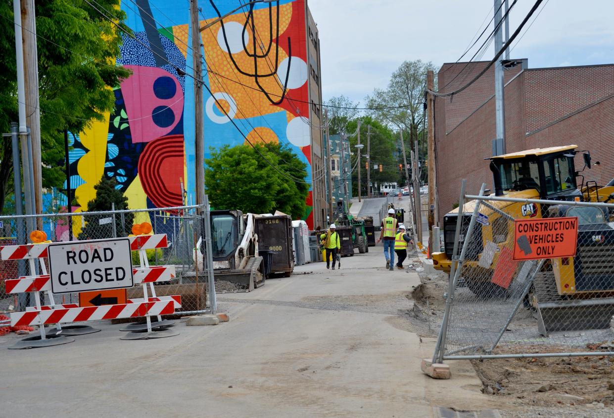 The first block of West Baltimore Street, seen here on Tuesday, is expected to open as early as Friday afternoon to aid in traffic for the Flying Boxcars' opening weekend in downtown Hagerstown. The street has been closed to help with construction of Meritus Park.