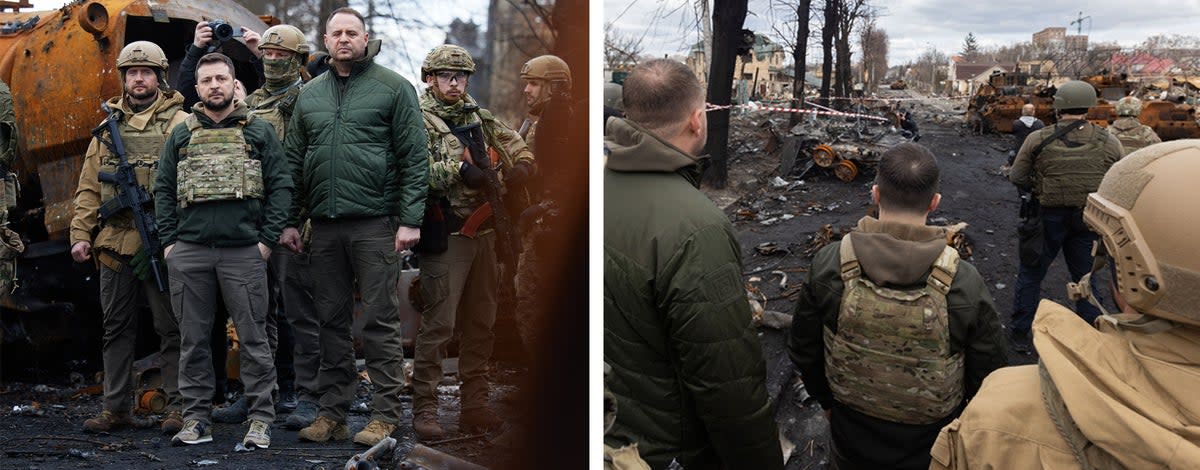 Volodymyr Zelensky views damage in the Kyiv region on 4 April, 2022 (Presidential Office of Ukraine)