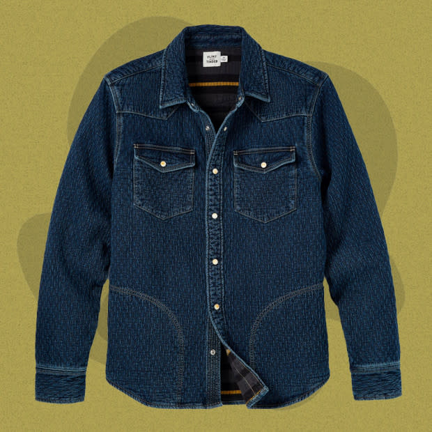 <p>Courtesy of Huckberry</p><p>With a quilted design, hand pockets, and a blanket lining, this number from Flint and Tinder is selling itself a little short by calling itself a “<a href="https://www.mensjournal.com/style/western-shirts" rel="nofollow noopener" target="_blank" data-ylk="slk:western shirt;elm:context_link;itc:0;sec:content-canvas" class="link ">western shirt</a>.” It’s warmer than the average men’s denim jacket, but cut in a comfortable, casual shirt style, making it a piece you’ll reach for on cool summer evenings and crisp fall days. </p><p>[$168; <a href="https://prf.hn/click/camref:1011liW49/pubref:Mj-bestdenimjackets-jzavaleta-080423-update/destination:https://huckberry.com/store/flint-and-tinder/category/p/72533-quilted-flannel-lined-bone-button-western" rel="nofollow noopener" target="_blank" data-ylk="slk:huckberry.com;elm:context_link;itc:0;sec:content-canvas" class="link ">huckberry.com</a>]</p>