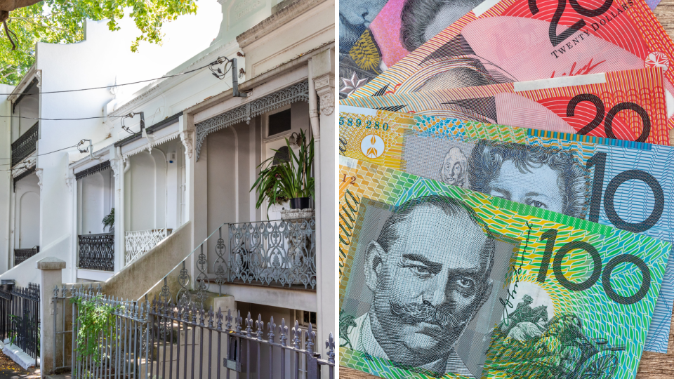 A composite image of a row of terrance houses in Sydney and Australian currency to represent money made by landlords.
