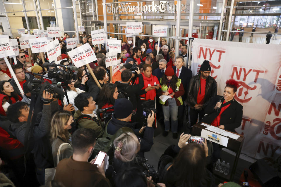 New York Times reporter Nikole Hannah-Jones speaks outside the Times' office, Thursday, Dec. 8, 2022, in New York. Hundreds of New York Times journalists and other staff protested outside the Times' office after walking off the job for 24 hours, frustrated by contract negotiations that have dragged on for months in the newspaper's biggest labor dispute in more than 40 years. (AP Photo/Julia Nikhinson)