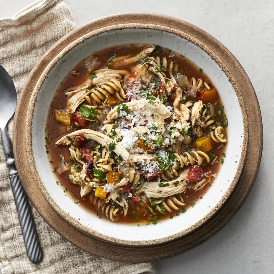 <p>This slow-cooker chicken noodle soup fits nicely into the Mediterranean diet thanks to plenty of vegetables, lean chicken breast and whole-wheat pasta. Pair it with a salad and toasted whole-grain bread for an easy, healthy dinner. <a href="https://www.eatingwell.com/recipe/277499/slow-cooker-chicken-vegetable-noodle-soup/" rel="nofollow noopener" target="_blank" data-ylk="slk:View Recipe;elm:context_link;itc:0;sec:content-canvas" class="link ">View Recipe</a></p>