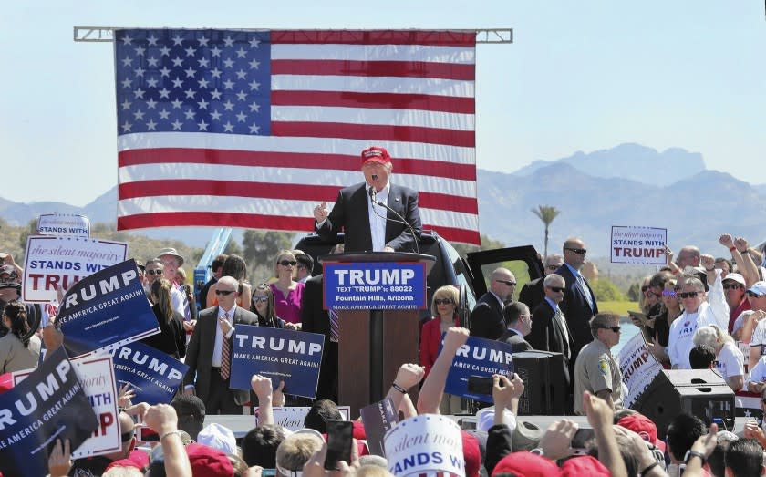 Republican presidential front-runner Donald Trump speaks to supporters at a rally in Fountain Hills, Ariz., on Saturday.