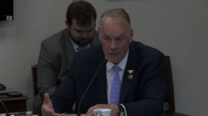 U.S. Rep. Ryan Zinke, R-Montana, presses EPA Administrator Michael Regan on new rules for coal-fired plants in a hearing on April 30, 2024. (Screenshot via U.S. House of Representatives live stream)