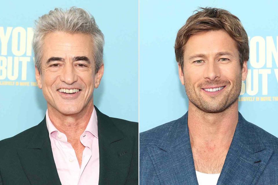 <p>Getty (2)</p> Dermot Mulroney and Glen Powell