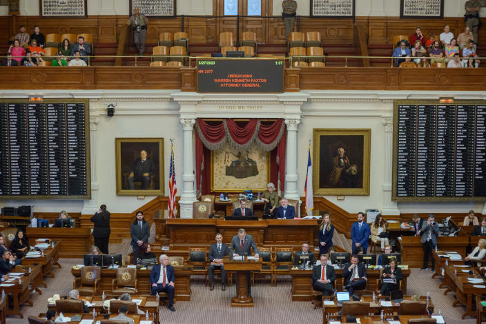 Impeachment proceedings against Attorney General Ken Paxton in the House Chamber at the Texas Capitol in Austin on Saturday, May 27, 2023. (Mike Osborne/The New York Times)