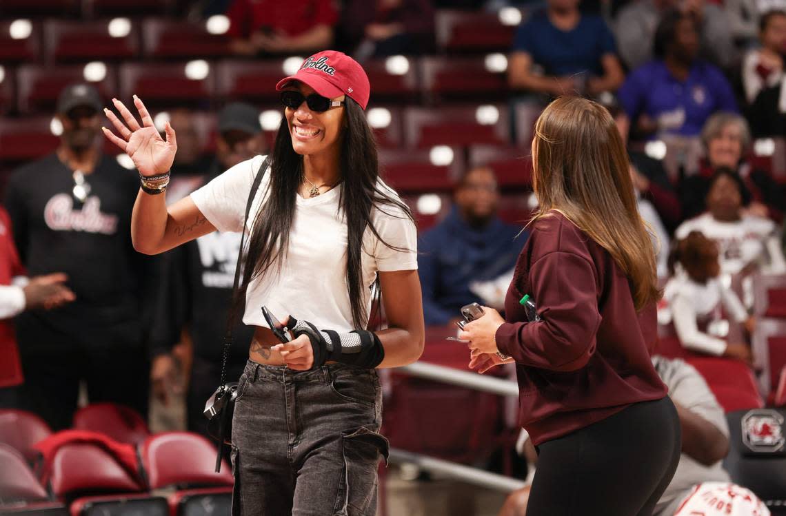 Former South Carolina player A’ja Wilson walks across the court before the Gamecocks’ game against the visiting Terrapins at Colonial Life Arena on Sunday, November 12, 2023.