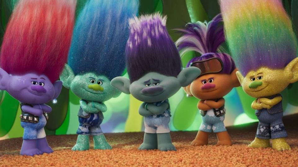 *NSYNC Trolls-style (from left) Ablaze (Joey Fatone), Hype (JC Chasez), Branch (Justin Timberlake), Trickee (Chris Kirkpatrick) and Boom (Lance Bass) in Trolls Band Together, directed by Walt Dohrn. (Universal)