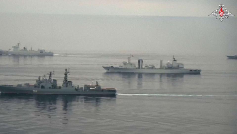 PHOTO: Russia's Defense Ministry's footage of joint naval drills with China in the Bering Sea, shared on Aug. 4, 2023. (Russian Defense Ministry via AP)