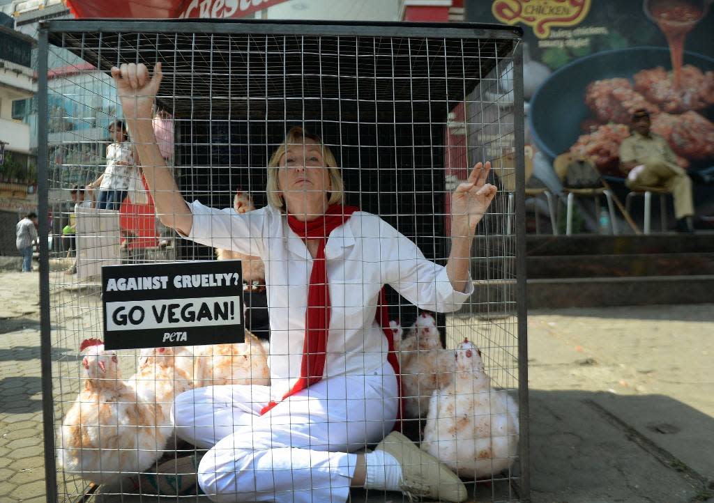 La fondatrice de PETA, Ingrid Newkirk, se met régulièrement en scène pour défendre la cause animale, comme ici, devant un restaurant KFC à Mumbaï en Inde. 