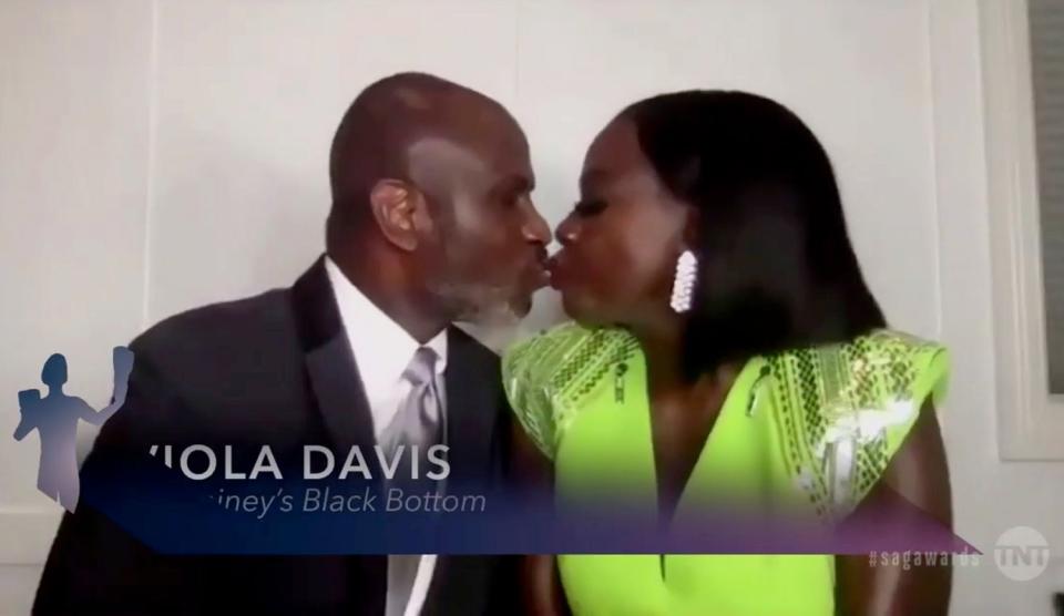 Julius Tennon and Viola Davis, winner of Outstanding Performance by a Female Actor in a Leading Role for "Ma Rainey's Black Bottom", speak during the 27th Annual Screen Actors Guild Awards on April 04, 2021