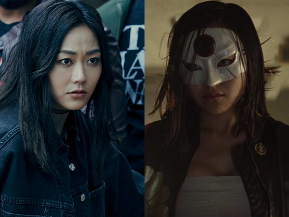 On the left: Karen Fukuhara as Kimiko on season three of "The Boys." On the right: Fukuhara as Katana in "Suicide Squad."