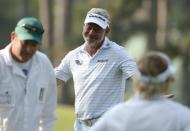 Darren Clarke of Northern Ireland reacts after making par on the third hole during first round play of the Masters golf tournament at the Augusta National Golf Course in Augusta, Georgia April 9, 2015. REUTERS/Phil Noble