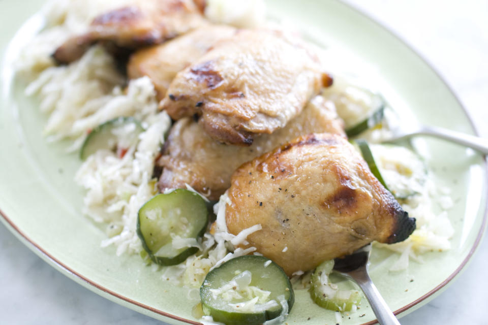 This Sept. 9, 2013 photo shows sweet tea brined grilled chicken in Concord, N.H. Brining infuses both moisture and flavor into lean cuts of meat, such as pork, poultry and fish. (AP Photo/Matthew Mead)