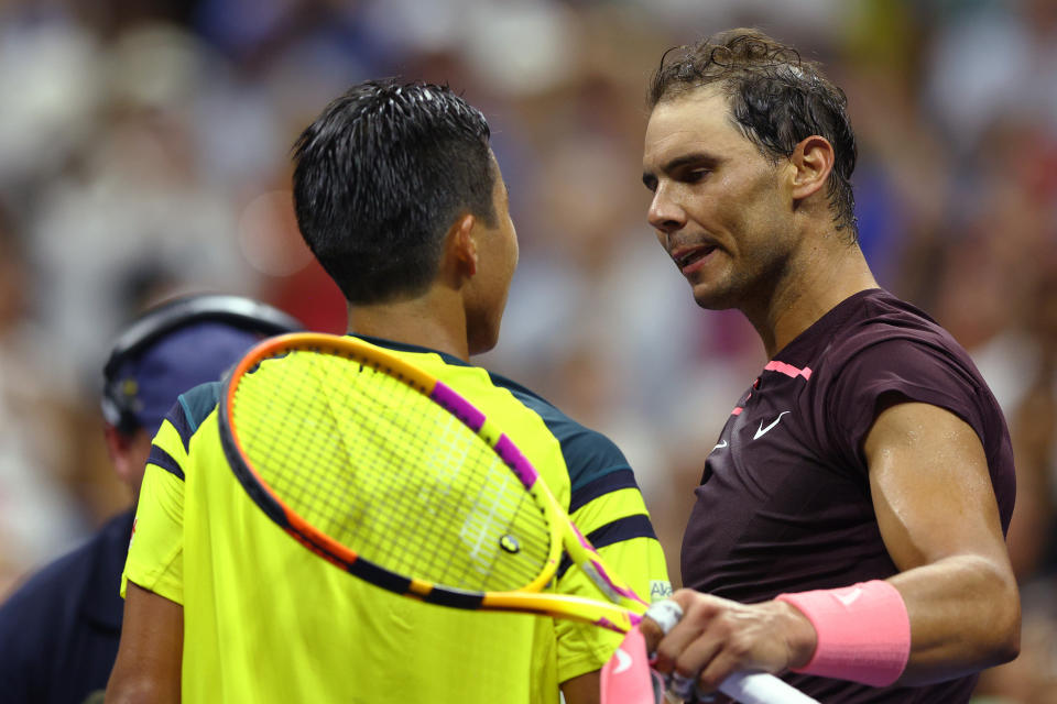 Rafa Nadal, pictured here shaking hands with Rinky Hijikata after their match at the US Open.