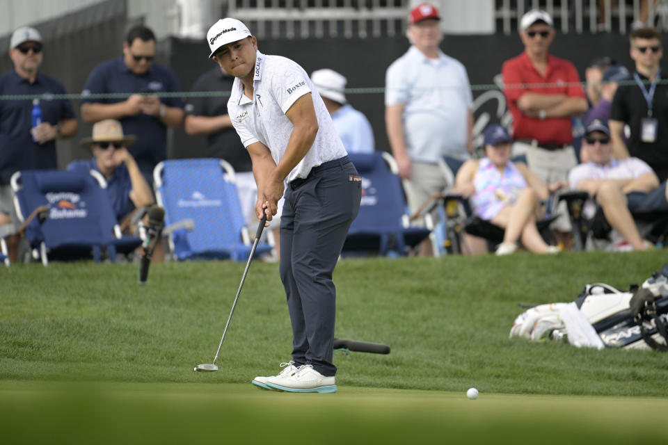 Kurt Kitayama watches his putt on the eighth green during the second round of the Arnold Palmer Invitational golf tournament, Friday, March 3, 2023, in Orlando, Fla. (AP Photo/Phelan M. Ebenhack)