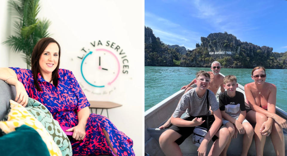 Lisa Tennant, left, in work mode in the UK and right in Langkawi, Malaysia with her family. (Supplied)