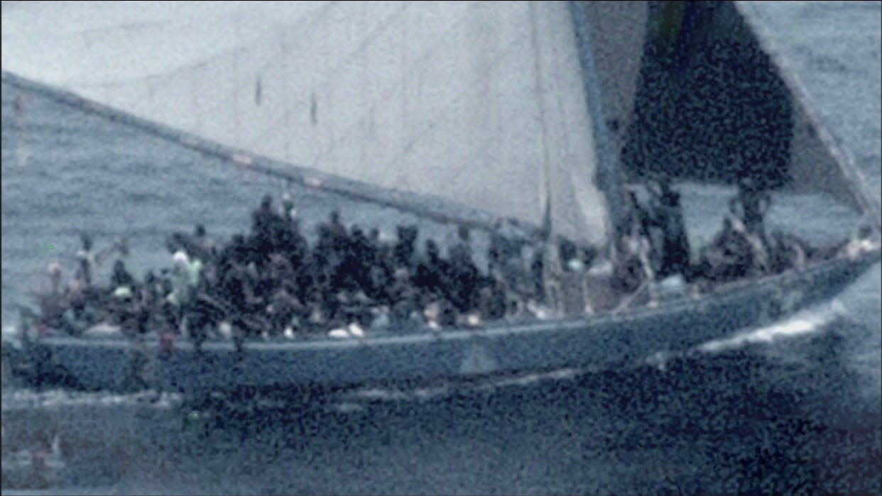 Surveillance of a Haitian sail freighter interdicted by the U.S. Coast Guard approximately 26 miles east of Punta de Maisi, Cuba, on July 16, 2023. (U.S. Coast Guard photo)