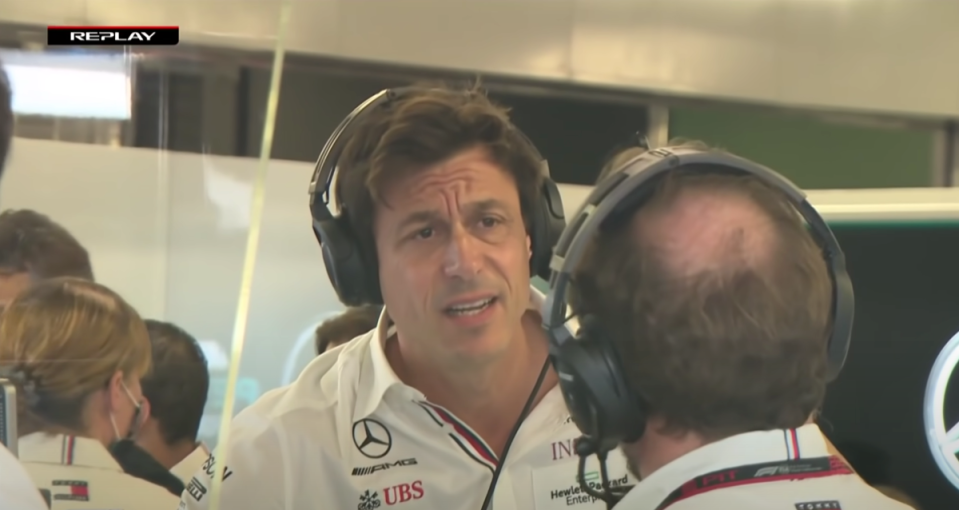 Toto Wolff is in a state of shock in the Mercedes garage (Sky Sports F1)