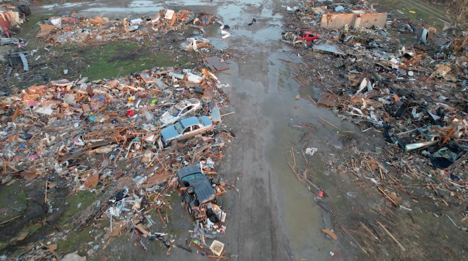 An aerial view of the aftermath of a tornado, in Rolling Fork, Mississippi, U.S. March 25, 2023 in this screengrab obtained from a video. SevereStudios.com / Jordan Hall/via REUTERS THIS IMAGE HAS BEEN SUPPLIED BY A THIRD PARTY. MANDATORY CREDIT.