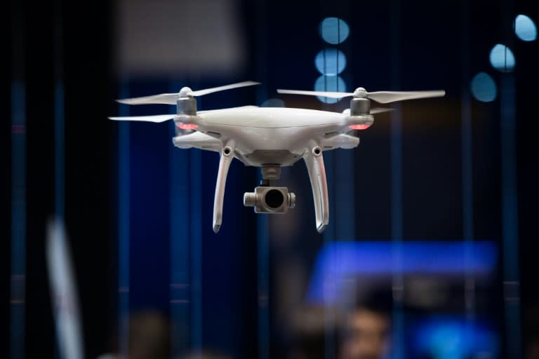 A drone flies during the Mobile World Congress on the third day of the MWC in Barcelona, on March 1, 2017