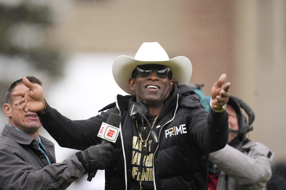 Colorado head coach Deion Sanders reacts during his team's spring game. (AP Photo/David Zalubowski)